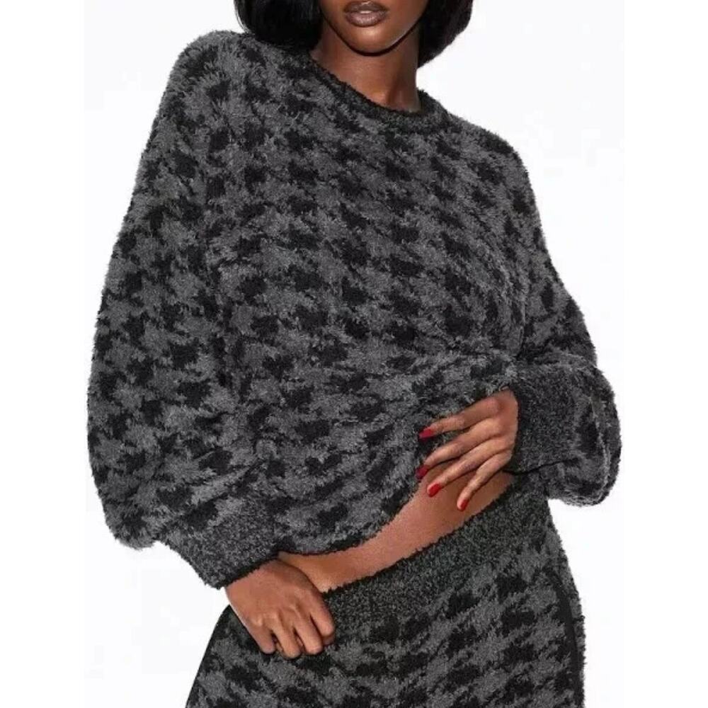 Skims Unisex Cozy Knit Pullover Houndstooth Women's Gray Black Size S/M